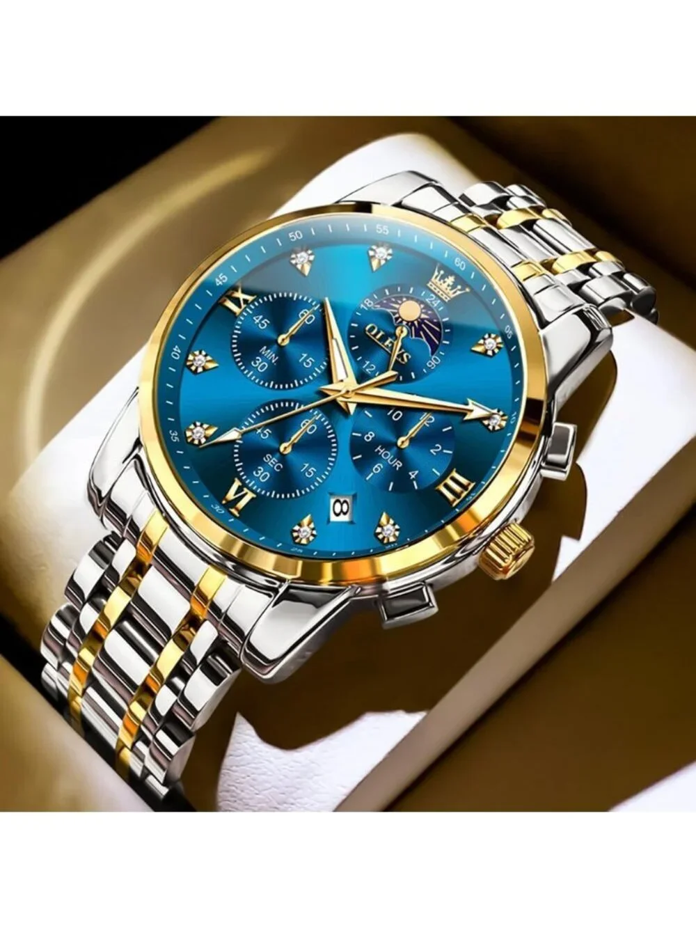 Men's Blue Diamond Analog Quartz Stainless Waterproof Luminous Classic Watch